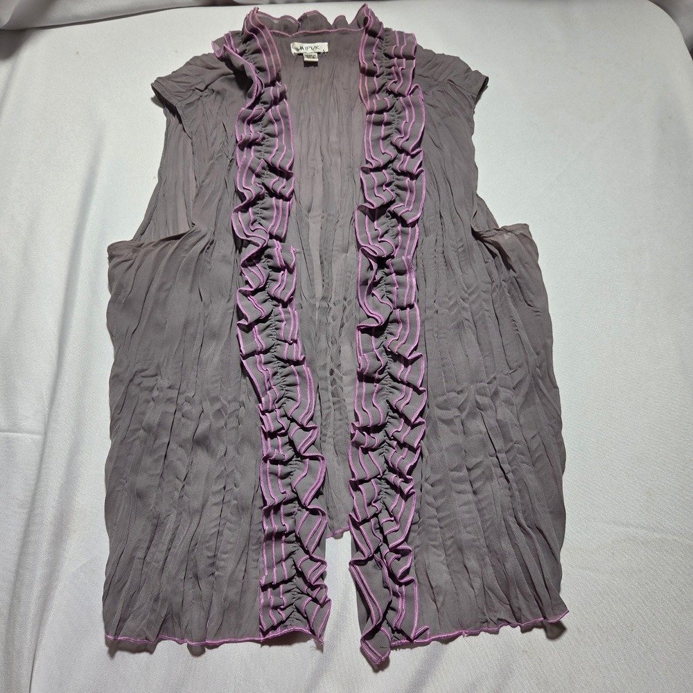 Jaipur Grey Pink Ruffle Trim Crinkle Vest Open Front Goth Whimsical Large